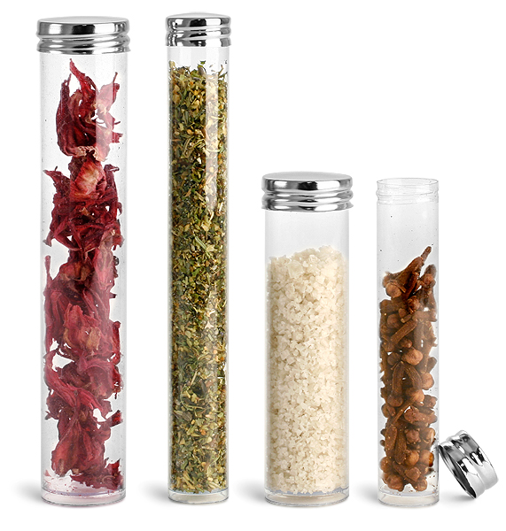 Plastic Tubes, Clear PET Tubes with Silver Metal Screw Caps square